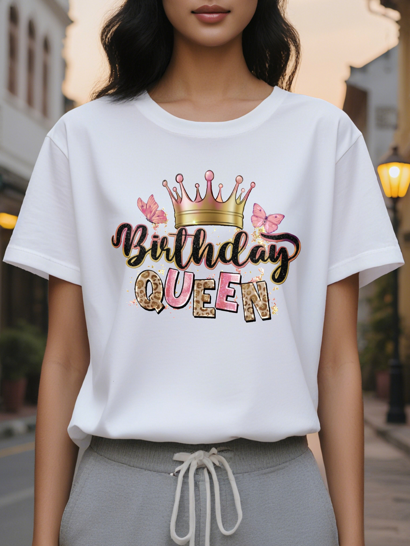 Birthday Queen Printed T-shirt Casual Round Neck Short Sleeve Top Women's Clothing