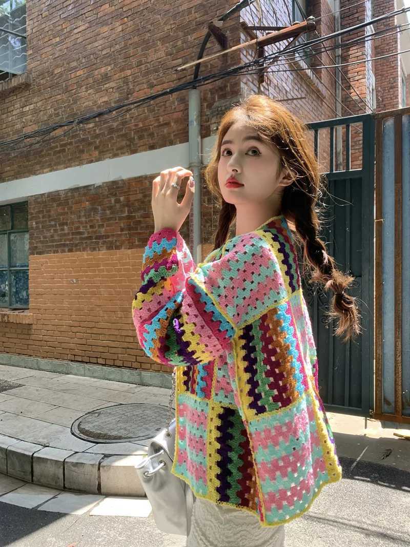 SALIENCY Colorful Crochet Knit Hollow Cardigan Sweater Jacket Women Spring Top Loose Short Knitwear M250904