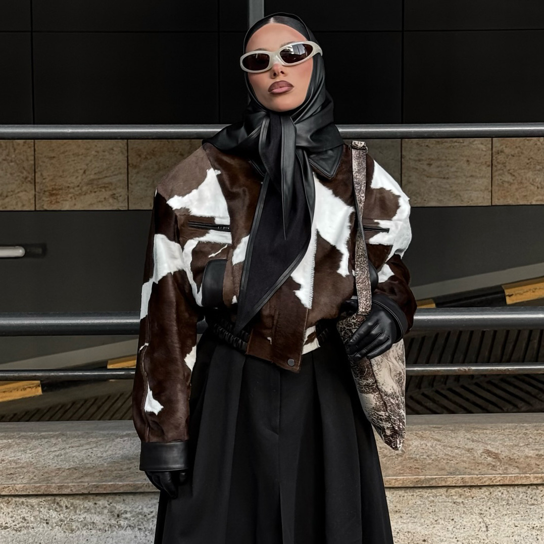 American Street Style Design Cow Pattern Leather Niche Hoodless Versatile Short Jacket Womens Trendy Fashion