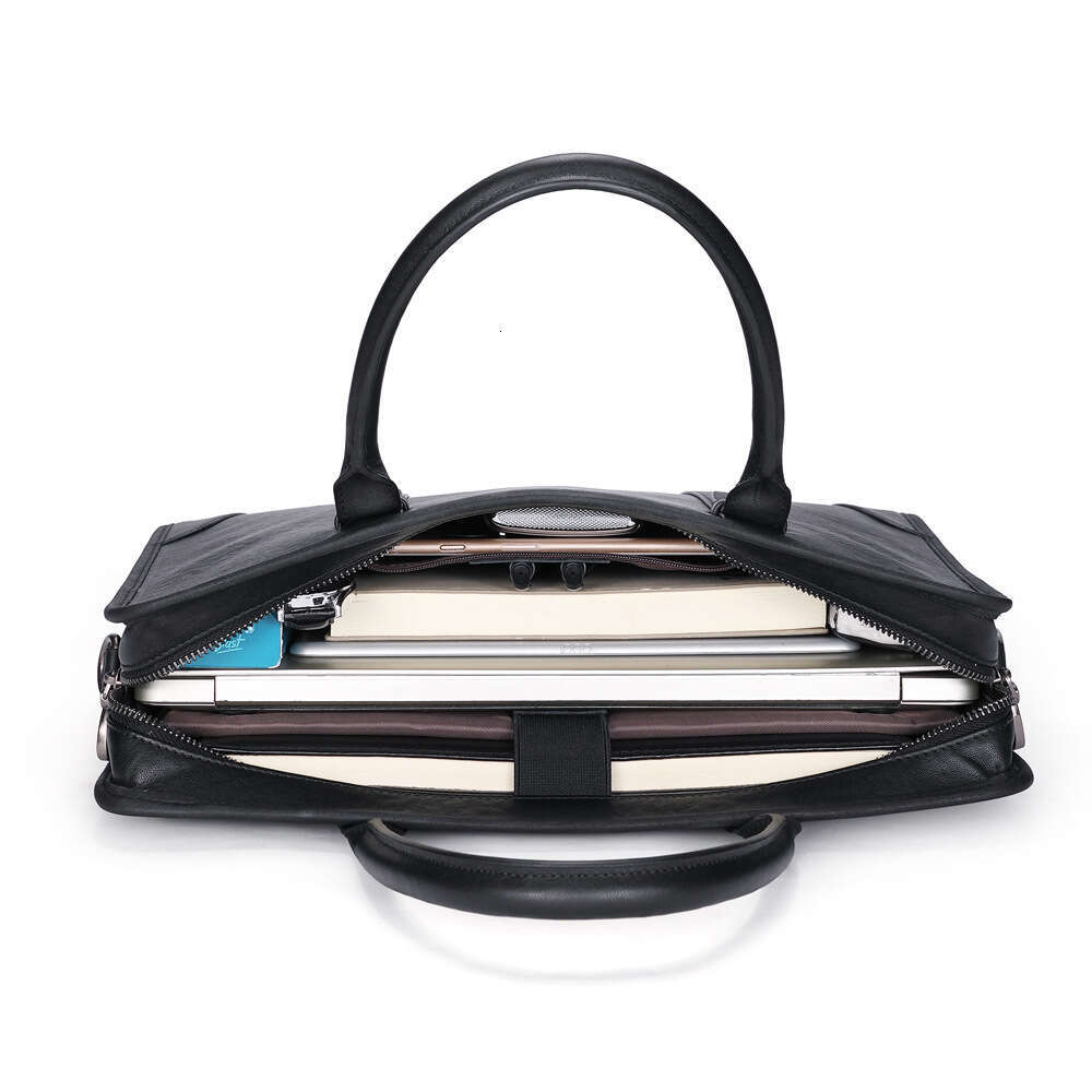 DHEssentials 2025 Spring Men's Top-Grain Leather Briefcase 14-inch Business Laptop Bag Handheld Shoulder Crossbody Black