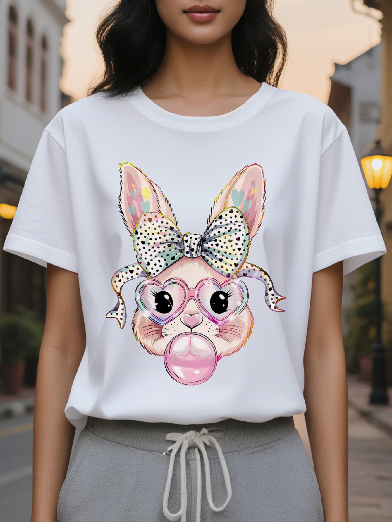 Women s Bubble Rabbit Easter Pattern Short Sleeve T Shirt Interesting Polka Dot Design with Glasses and Bow Breathable