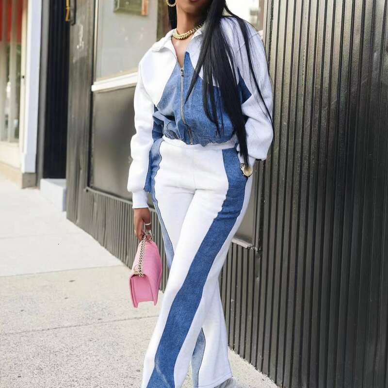 Women's Clothing Autumn And Winter Denim Patchwork Jacket Trousers Two Piece Suit