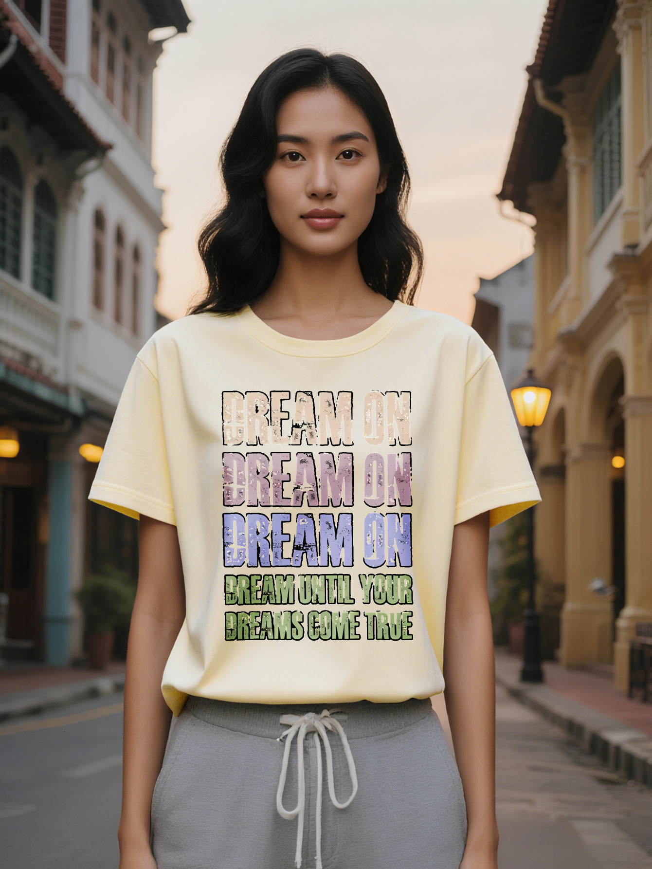 Lady Casual Crew Neck T-Shirt with Dream On Graphic Black Green Text Design Perfect for Summer Everyday Tshirt