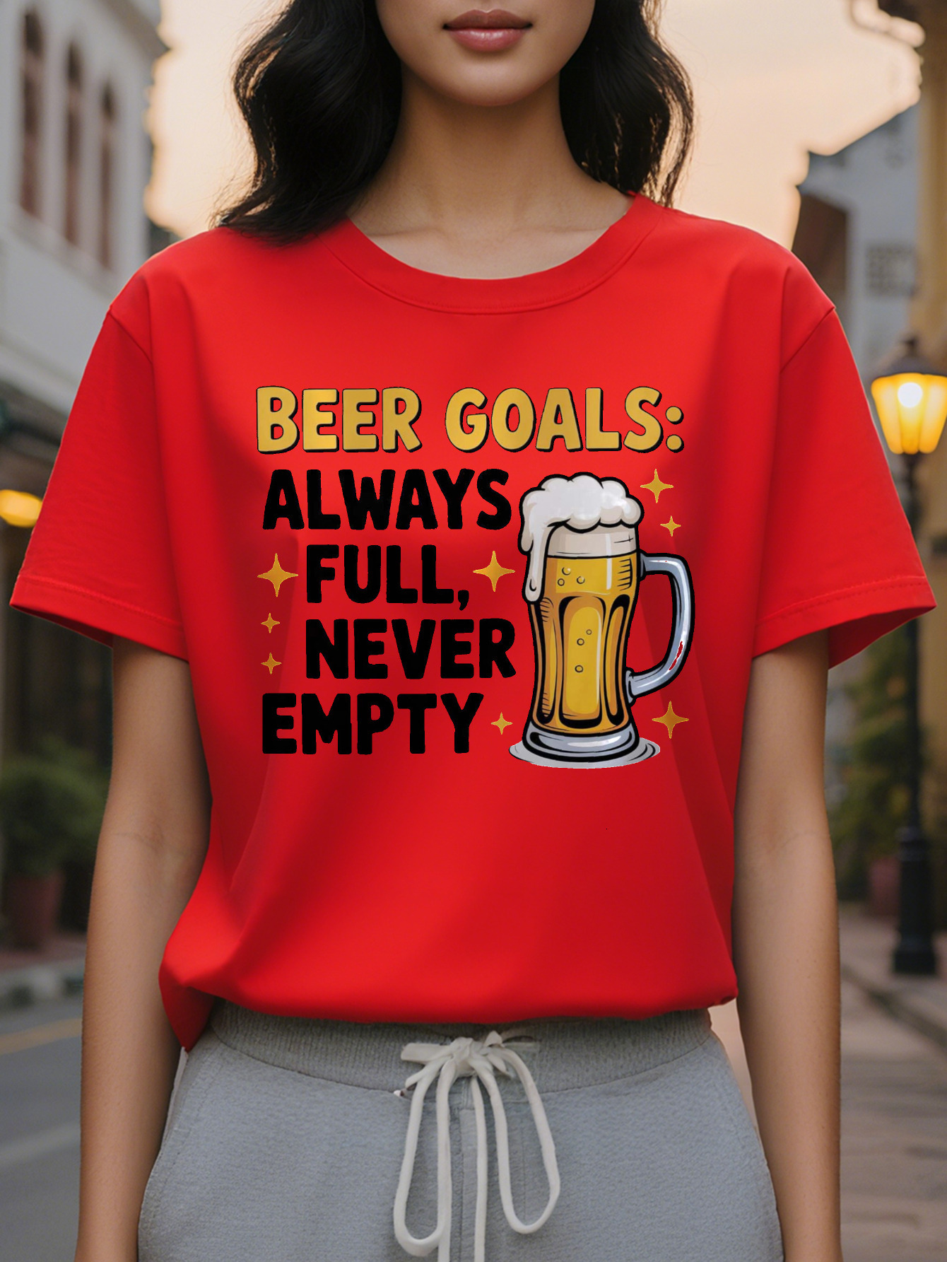 Women's Fun Lover T-shirt Beer Goal Always Full Never Empty Slogan Mug Pattern White Casual Round Neck Summer Top