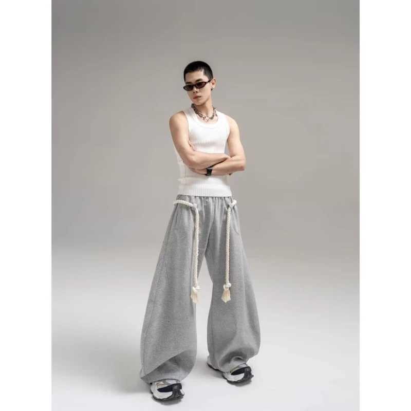 Street Casual Sports Pants Mens New Autumn Thick Rope Drawstring Trendy Hip Hop Wide Leg Trousers College Loose SweatpantsXJ250904