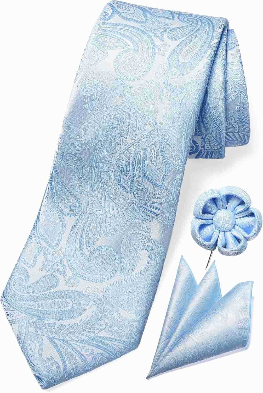 Tie Light Grey Ties for Men Paisley Neckties and Pocket Squares Set with Flower Lapel Pins for WeddingsW250904