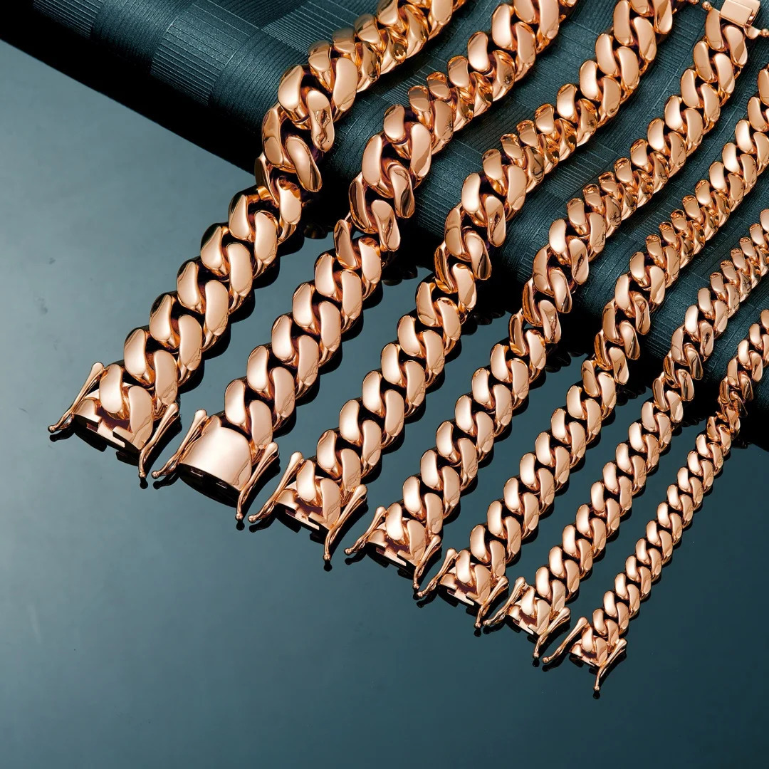 822mm Hip Hop Bling Rose Gold Color 316L Stainless Steel Dense Cuban Miami Link Chain Necklaces for Unisex Rapper Jewelry 250903