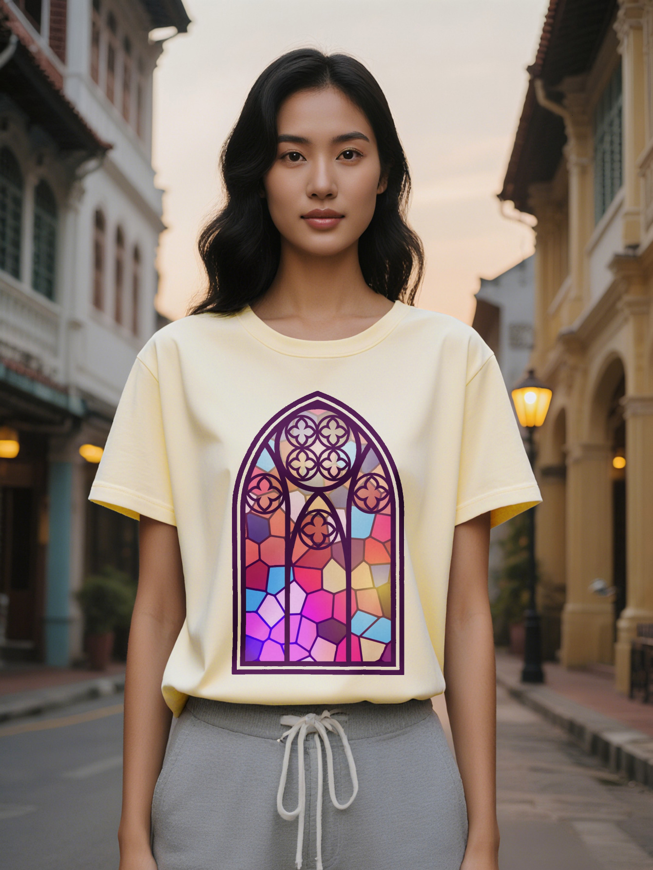 Large XL Women's Casual Short Sleeve T-Shirt with Stained Glass Window Graphic Print Vibrant Geometric Design Breathable Round Plus Size