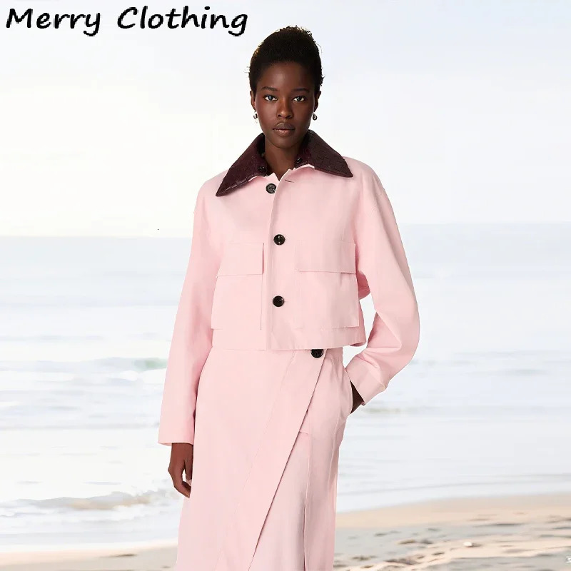 Elegant Pink 2 Pieces Coat Sets Women Detachable Collar Jacket Asymmetrical Skirt Suit Pink Suit Office Lady Twopiece Set 250904
