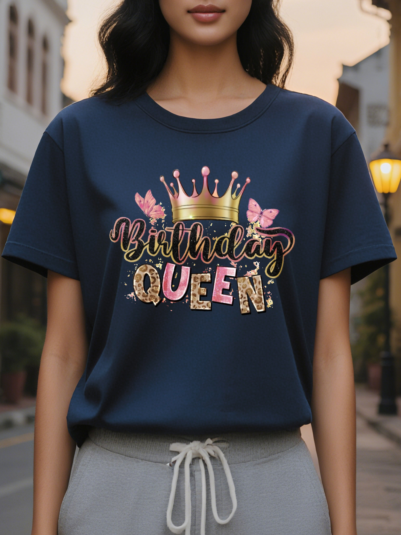 Birthday Queen Printed T-shirt Casual Round Neck Short Sleeve Top Women's Clothing