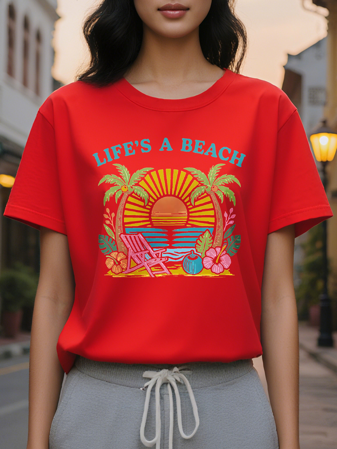 Women s Sleeve Pattern Sweatshirt White Beach Top with Tropical Palms Lounger and Citrus Fruit Medium Stretch Round