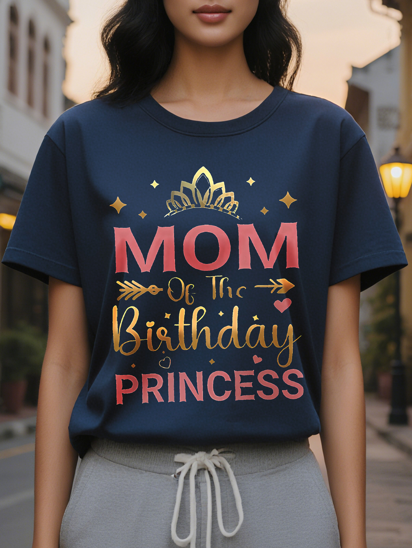 Large XL Women's Short Sleeve Crew Neck T-Shirt Mom Birthday Princess Crown Letter Print Black with Pink Golden Accents Plus Size