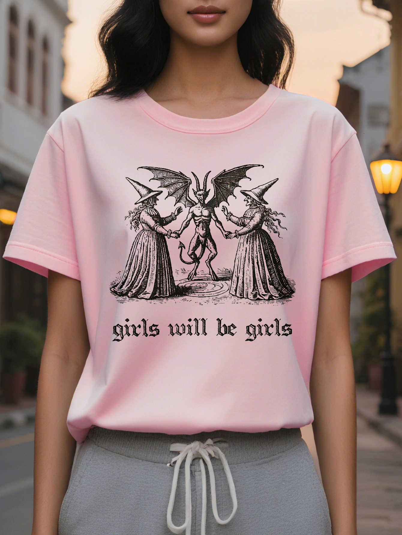Women's T-shirt with siren design featuring golden wings and a starry sky, retro aesthetics, comfortable round neck