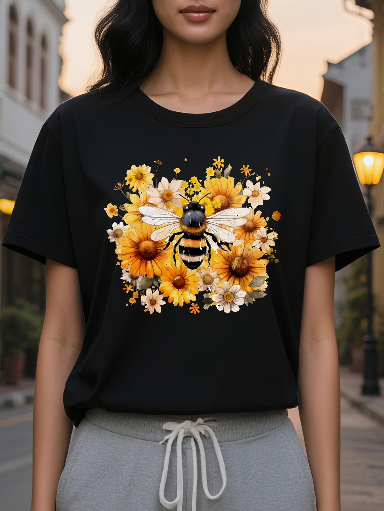 Women s Bee Flower Print Sleeve T Shirt Elegant Round Neck Casual Top Medium Elastic Washable Comfortable Regular Fit