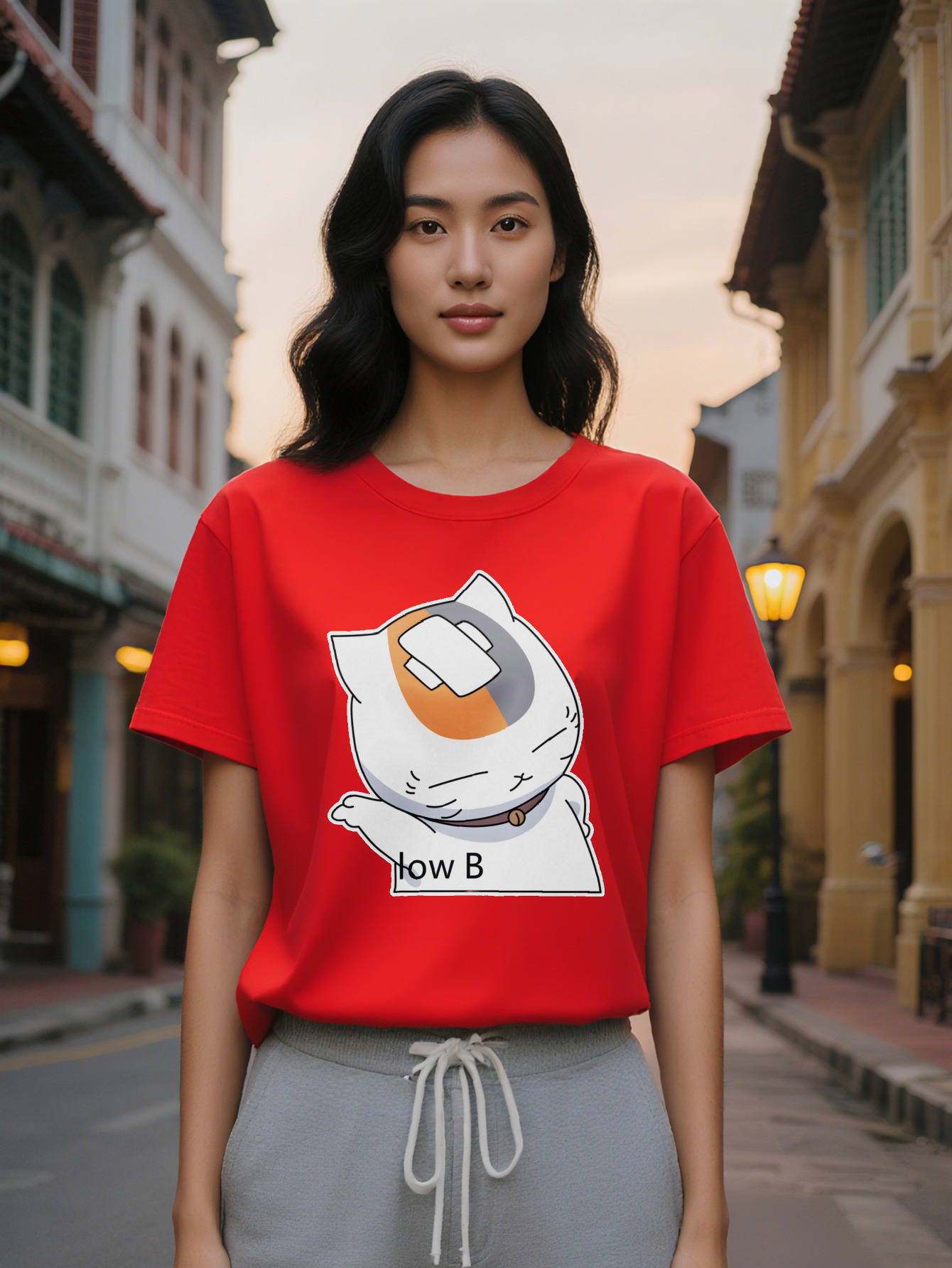 Large XL Lady Casual Versatile Round Neck T-Shirt Featuring Cartoon Cat with Orange and Gray Patch Prints Perfect as a Gift for Plus Size