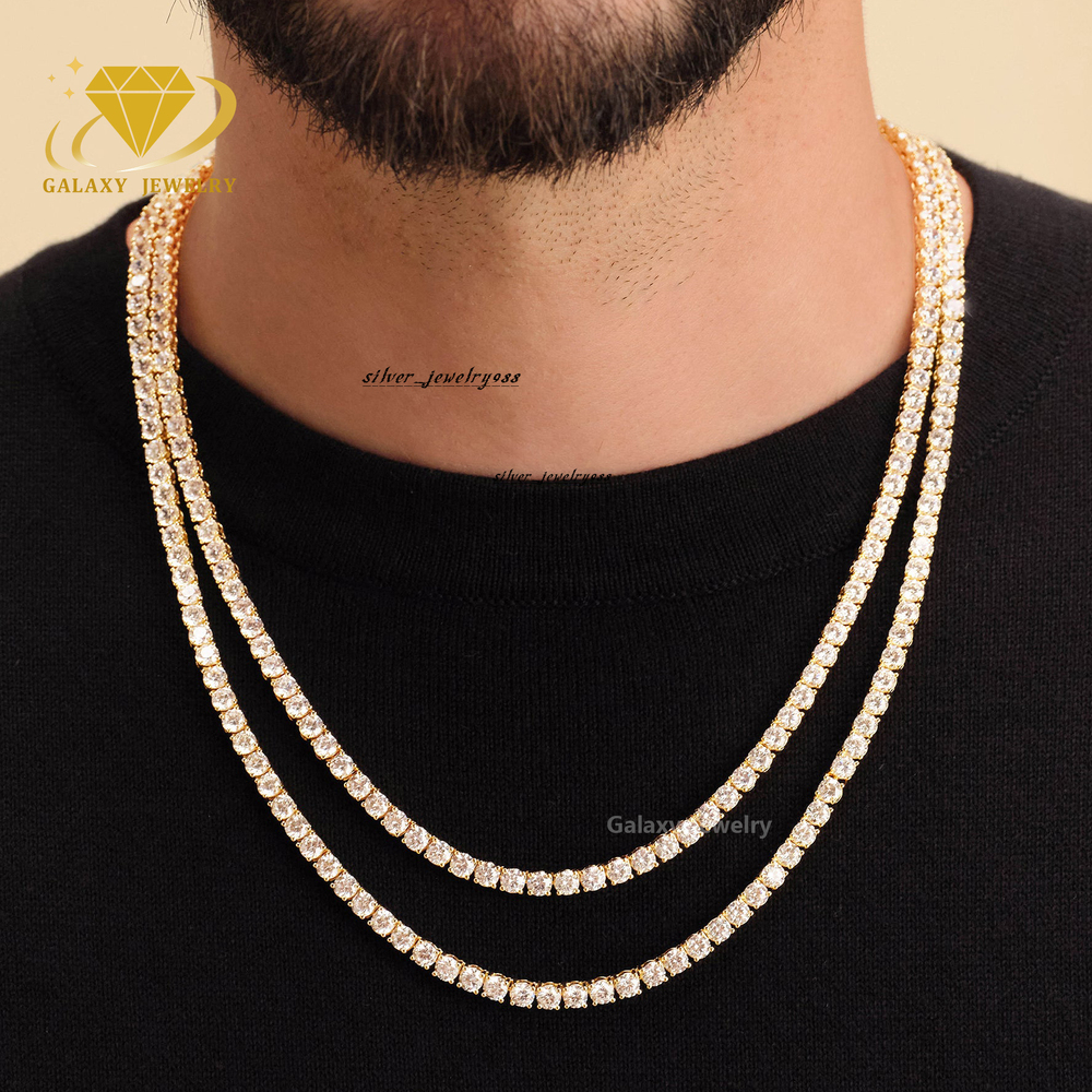 Fine Custom Jewelry 10K Solid Yellow Gold Round Cut Moissanite Diamonds 3mm 4mm 5mm Bracelet Necklace Tennis Chain