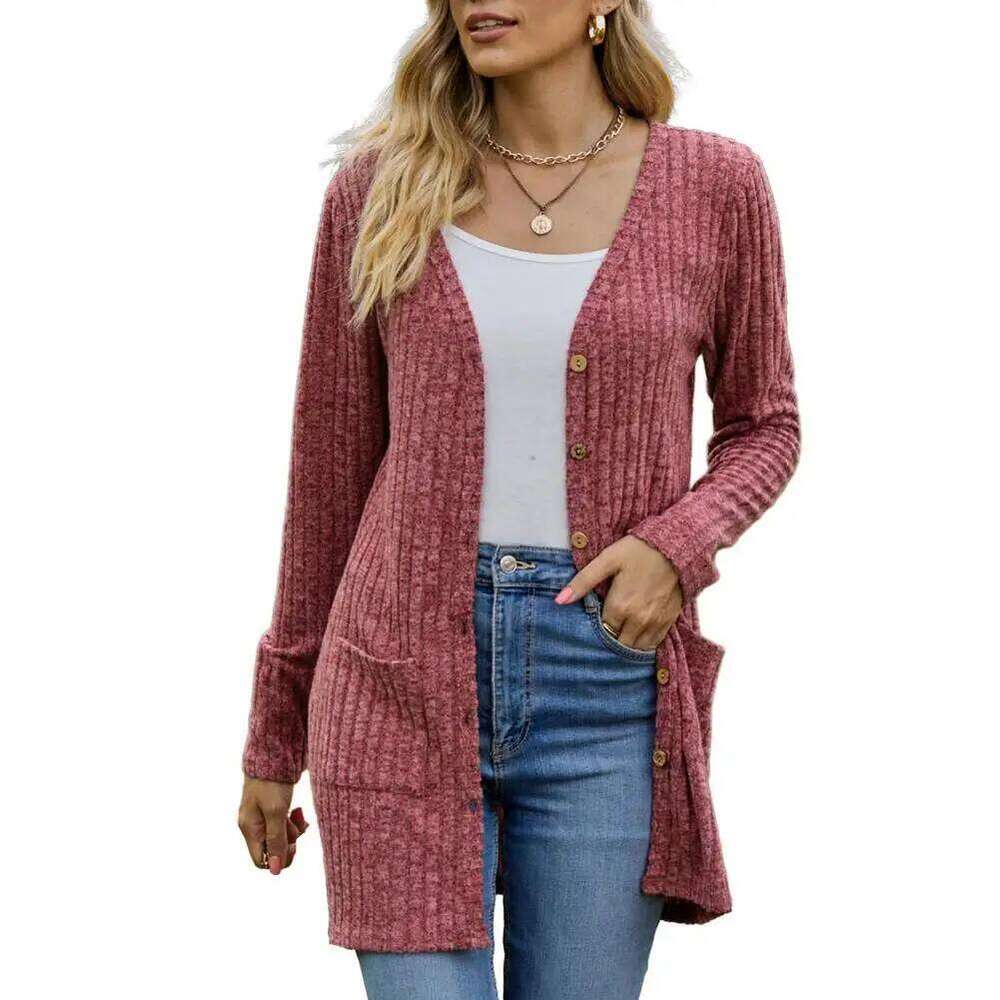 Winter Fall Women Coat Knitted Single-Breasted Sweater Elastic Pockets Warm Mid Length Lady Jacket Cardigan
