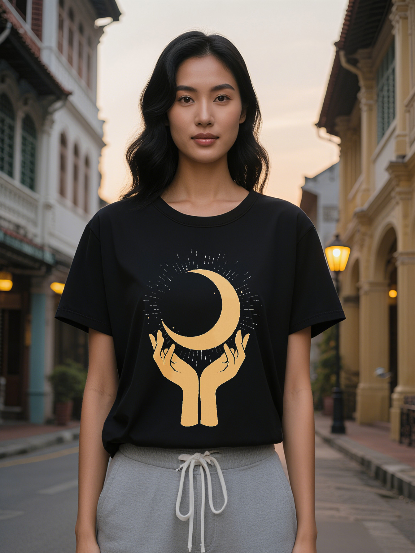Lady Casual Crew Neck T-Shirt with Golden Moon and Hands Design Soft Fabric Summer Style Perfect Gift for Him