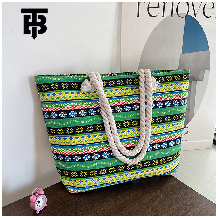 TB BHULAMTE Cross-Border New Designer s bag Canvas Large Capacity Tote Bag Ethnic Style Striped Thick Rope Shoulder Bag for Work Commute Handbag for W