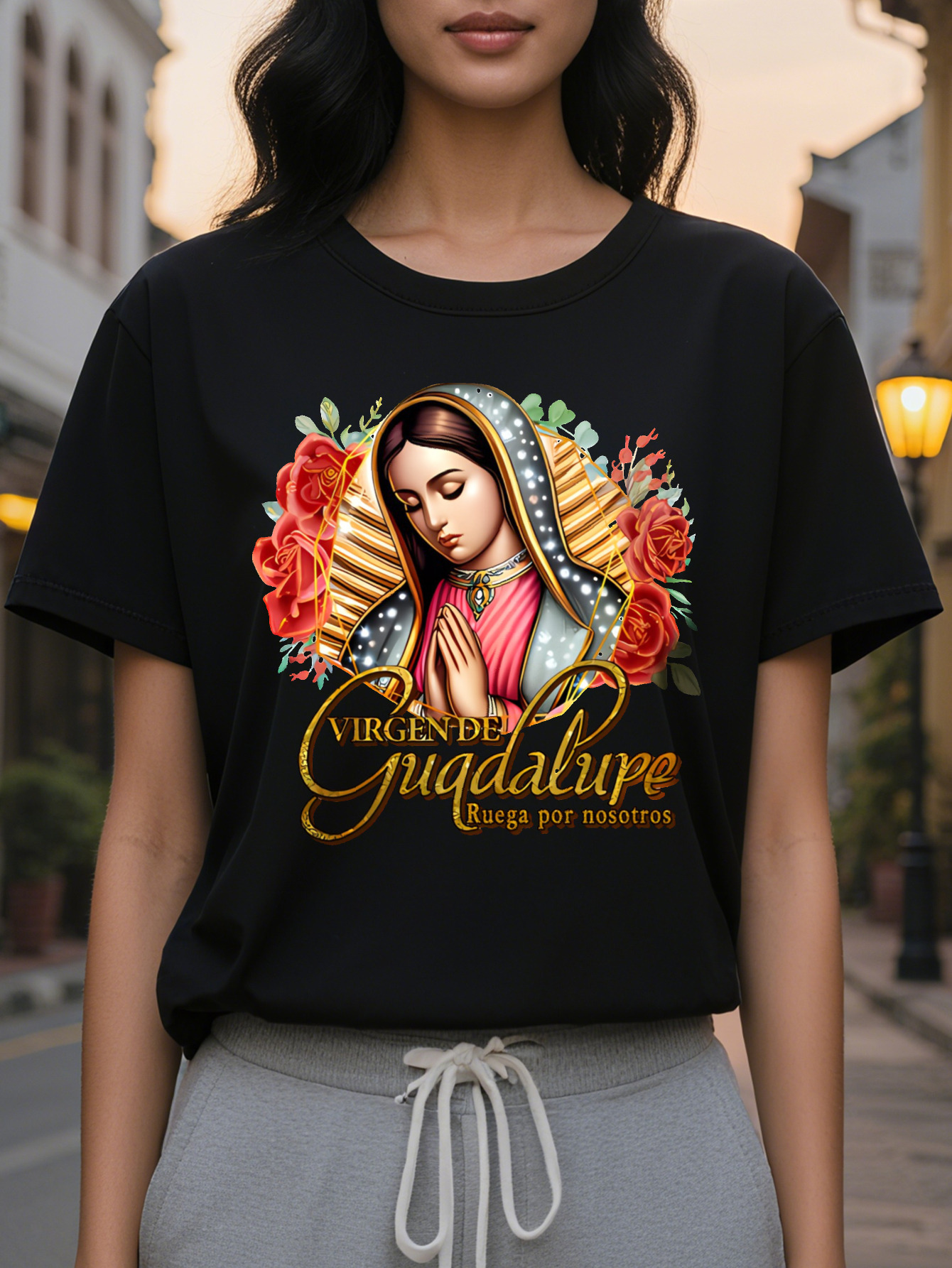 Women S Virgin Religious T-Shirt Soft Pink Faith Based Tee with Our Lady of Guadalupe Prayer Round Neck Casual Everyday