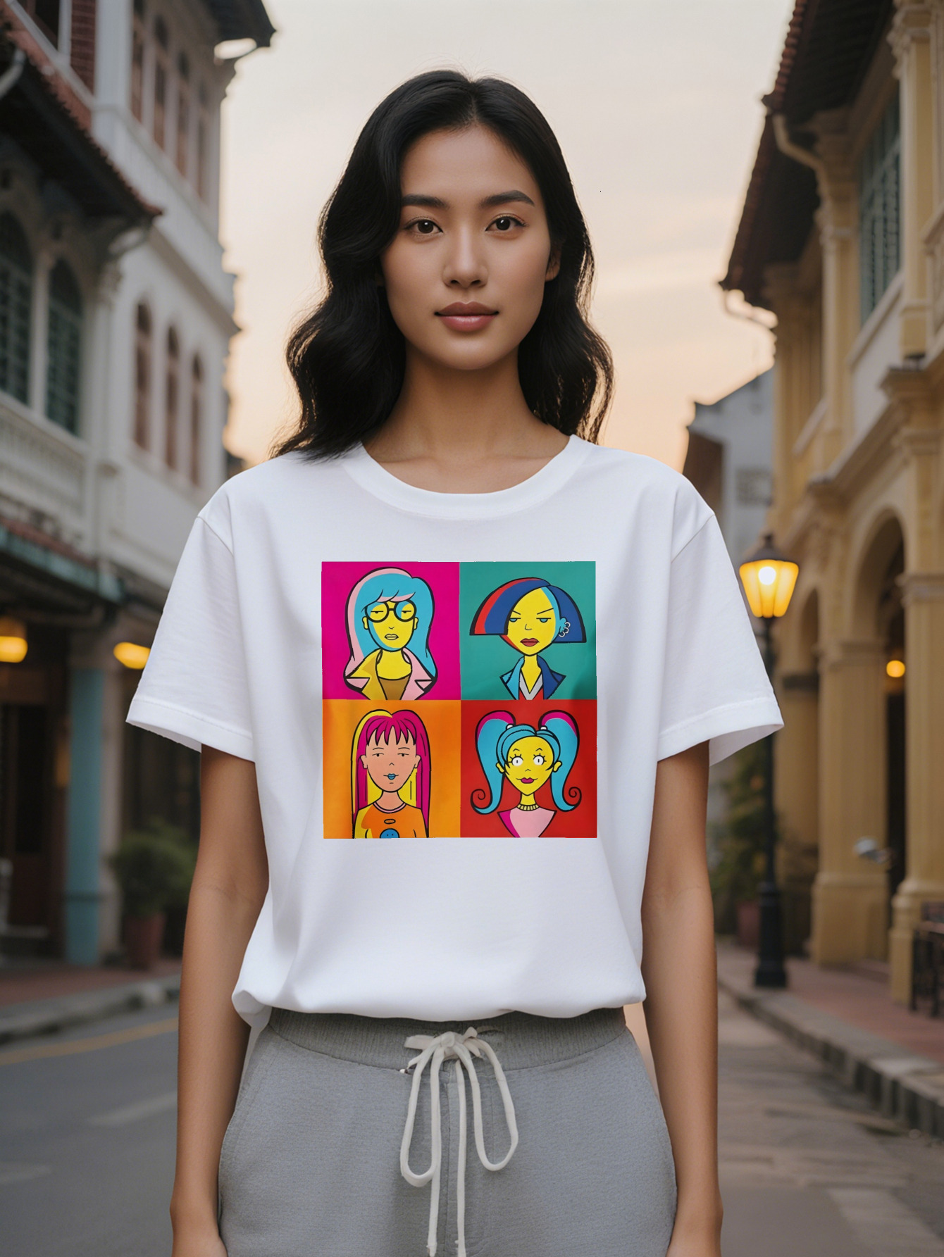 Graphic Print Round Neck T-Shirt Black with Color Cartoon Character Design Summer Breathable Tee, Washable