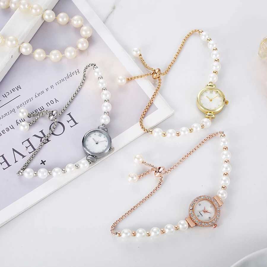 New pearl bracelet fashionable diamondencrusted ladies quartz watch round motherofpearl dial slender bracelet plout watc X250904