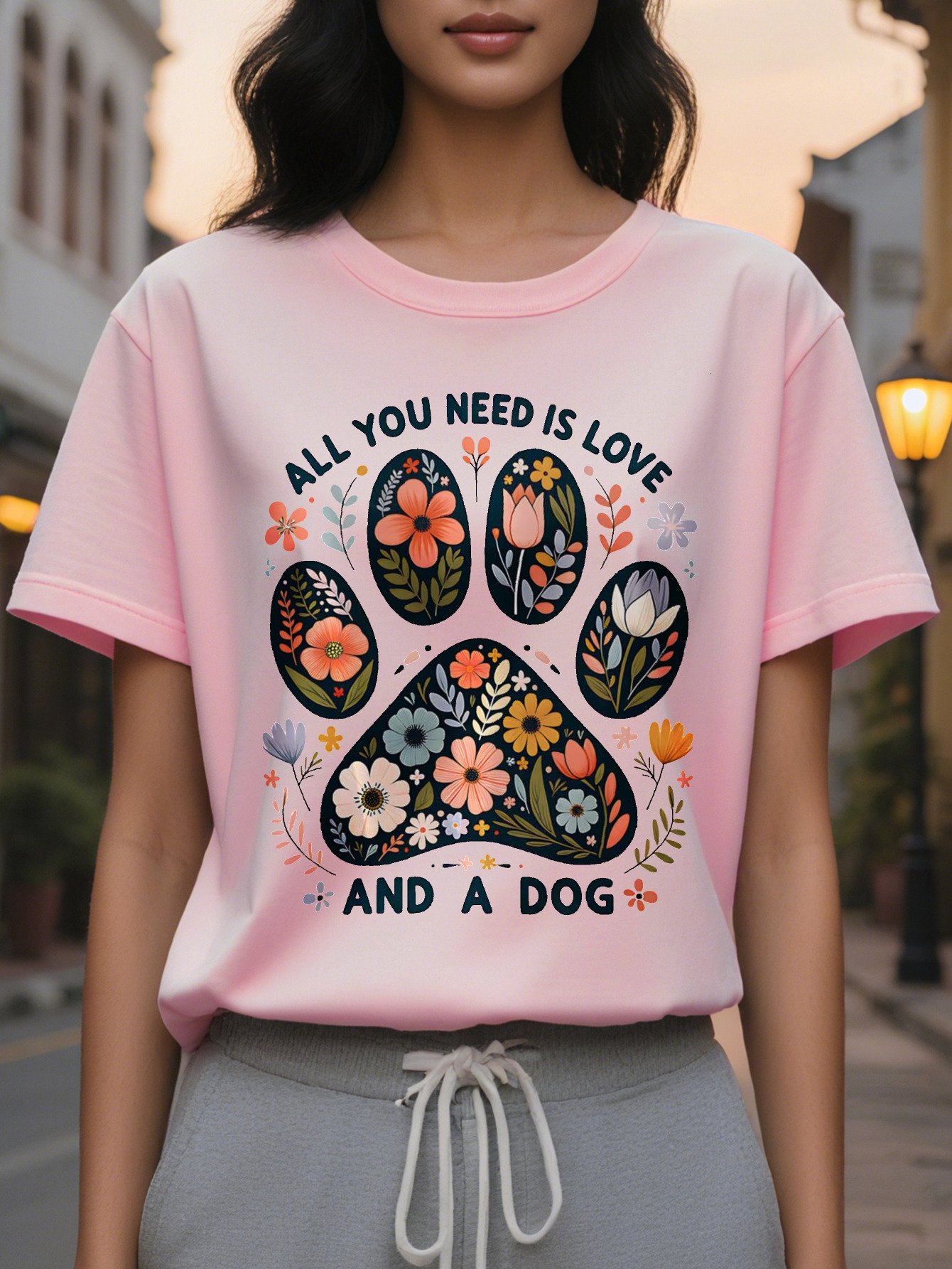 Women's Funny Pet Lover All You Need Love and Pattern T-Shirt White Shirt with Floral Paw Print Lightweight
