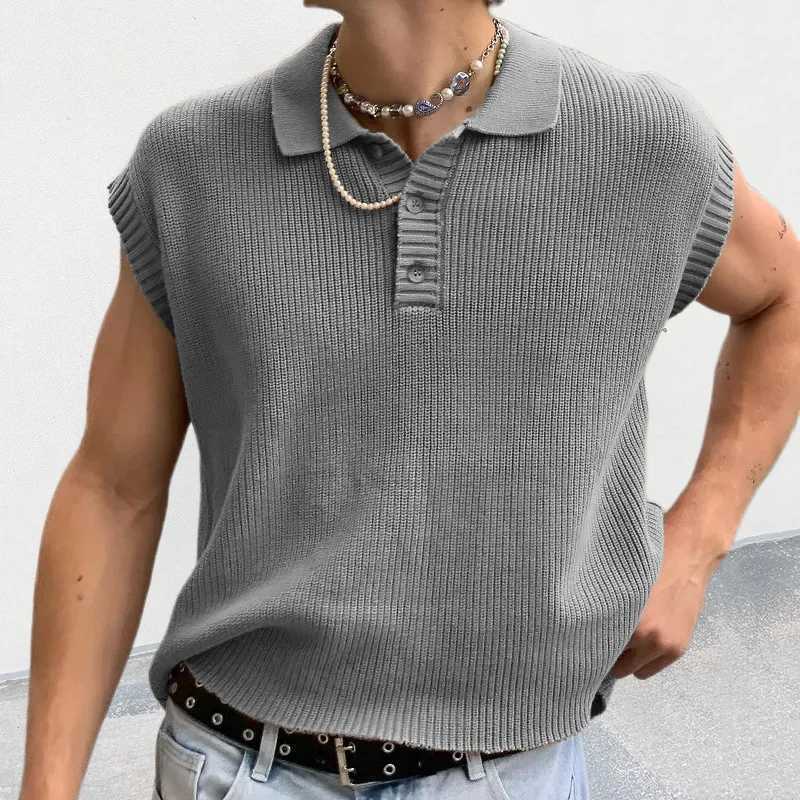Mens Sweater Vest Solid Color Polo Neck Knitted Top Sweater for Men ClothingXJ250904