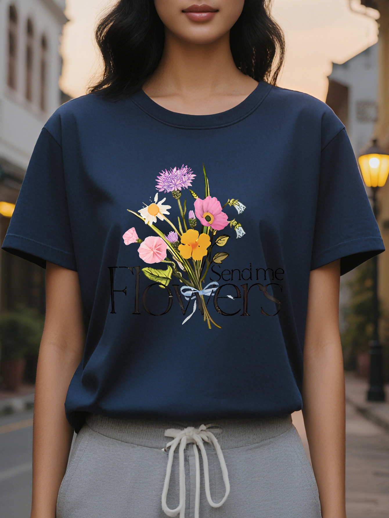 FLOWERS American Printed Pattern Spring and Summer New Fashion Round Neck T-shirt Slim Fit Slimming Women's