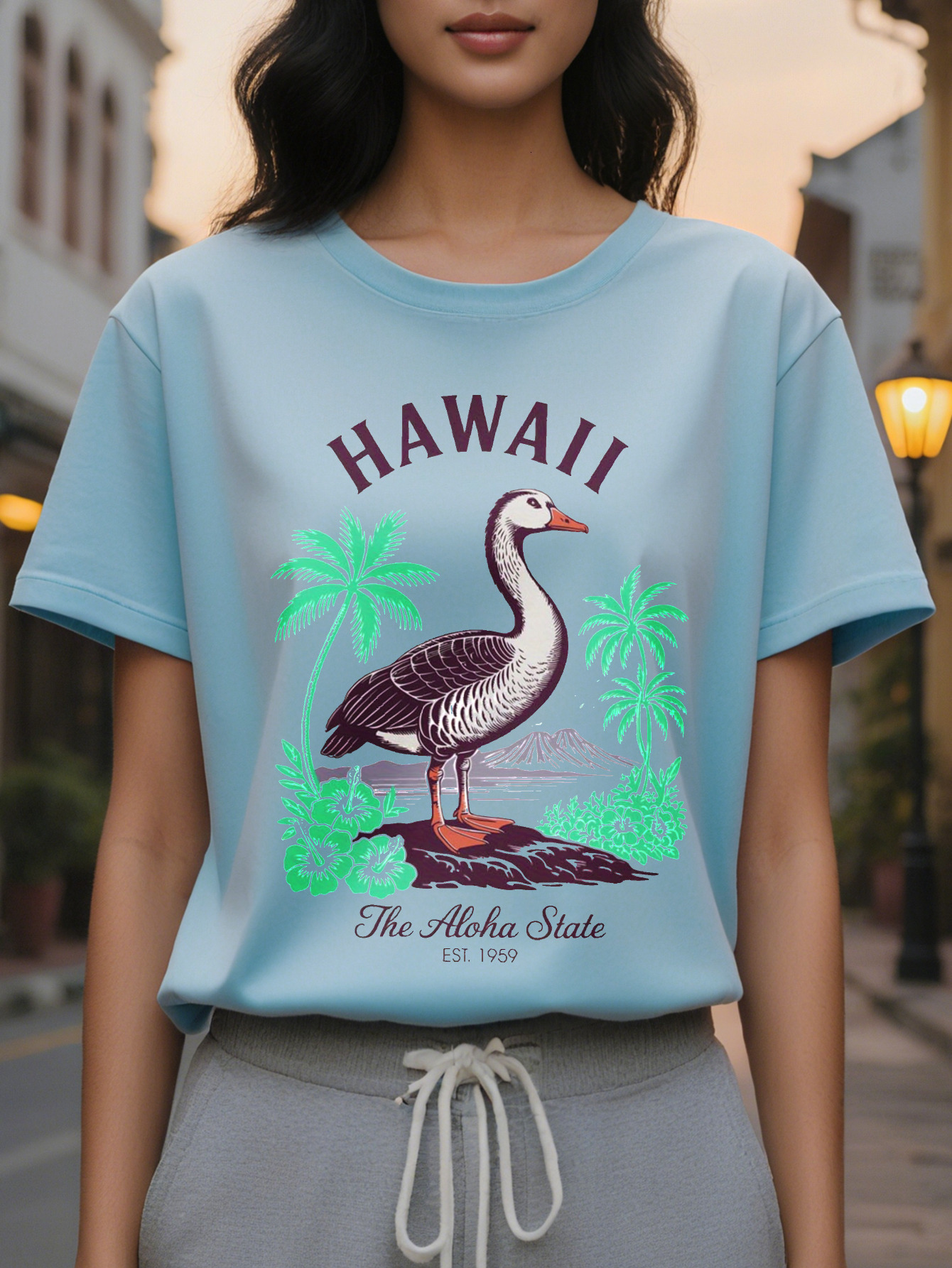 Women's Tropical T-Shirt White Short Sleeve Top with Hawaii Aloha State Design Lightweight Summer Vacation Shirt
