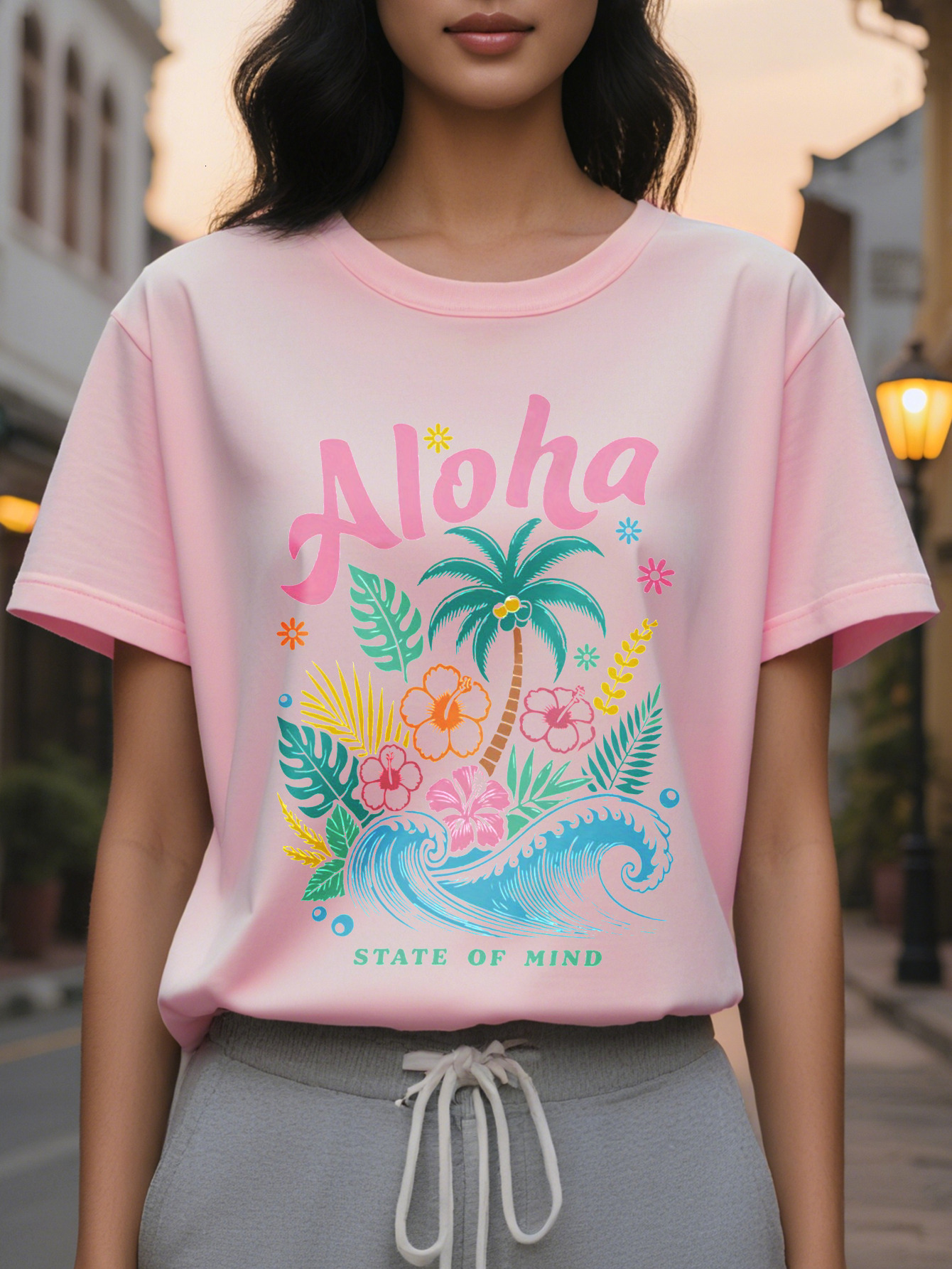 Women's Print T-Shirt Vibrant Summer Outfit with Palm Trees Flowers and Hawaiian Design Round Neck