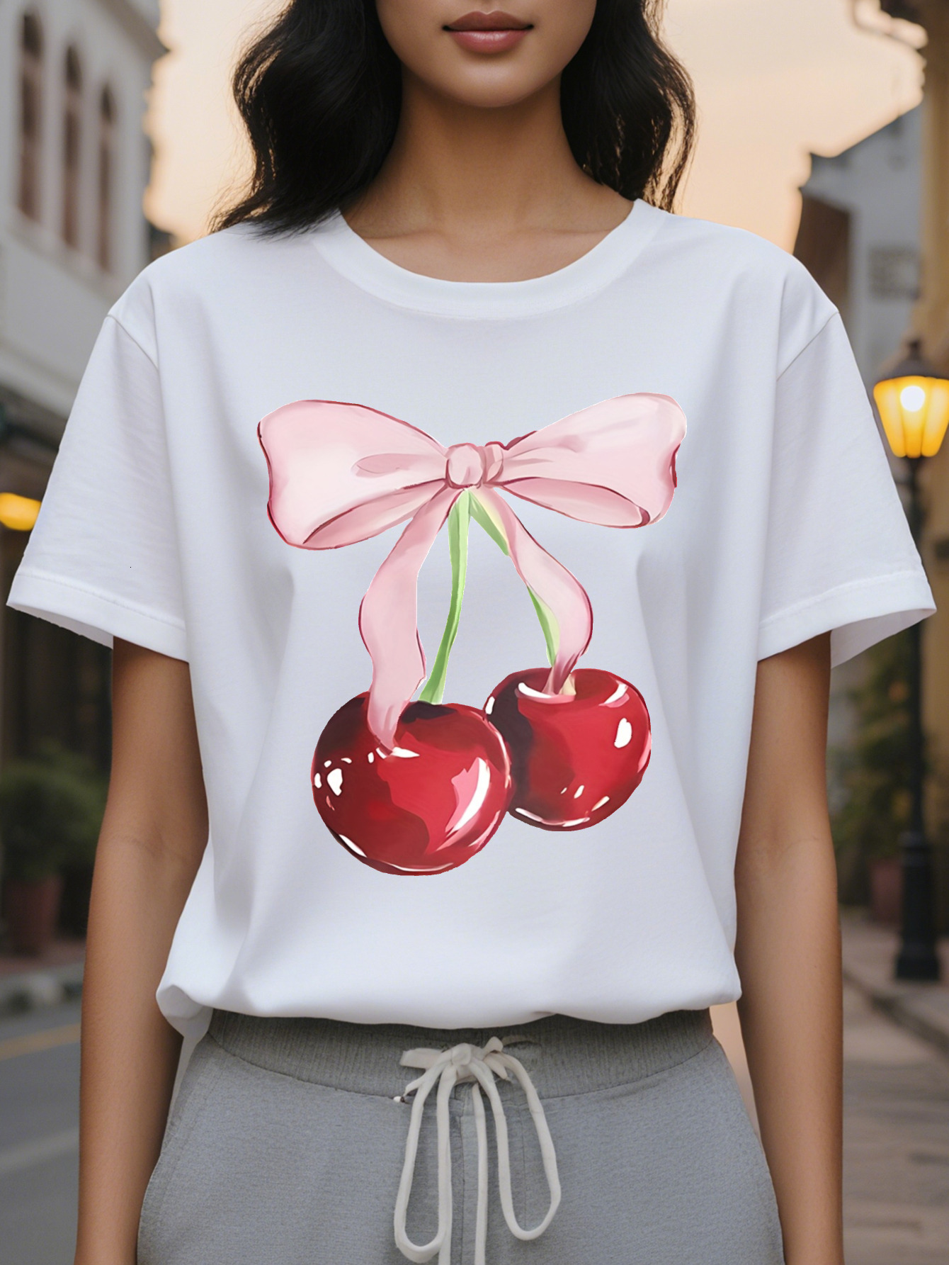 Women s short sleeved T shirt with cherry bow, slim translucent top, round neck, and summer washable white casual dress