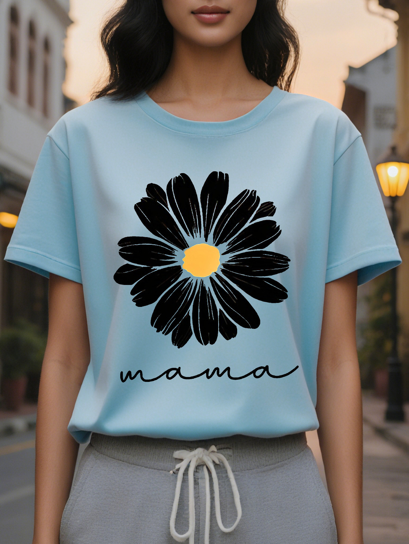 Mother's Short Sleeve T-Shirt Bright Orange Slim Crew Neck Jacket Black Flower Cursive Letter Printing Translucent