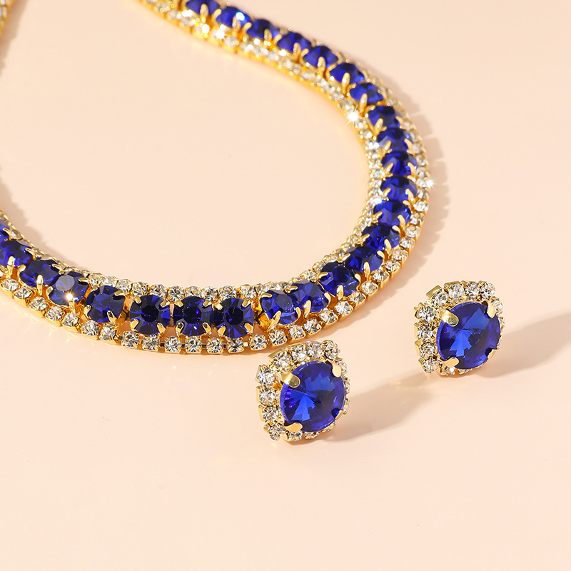 Luxury Necklace Earrings Sets Green Crystal Necklace Women Weddings Bride Jewelry Accessories Pop green blue diamond necklace earring 2 piece set Desi