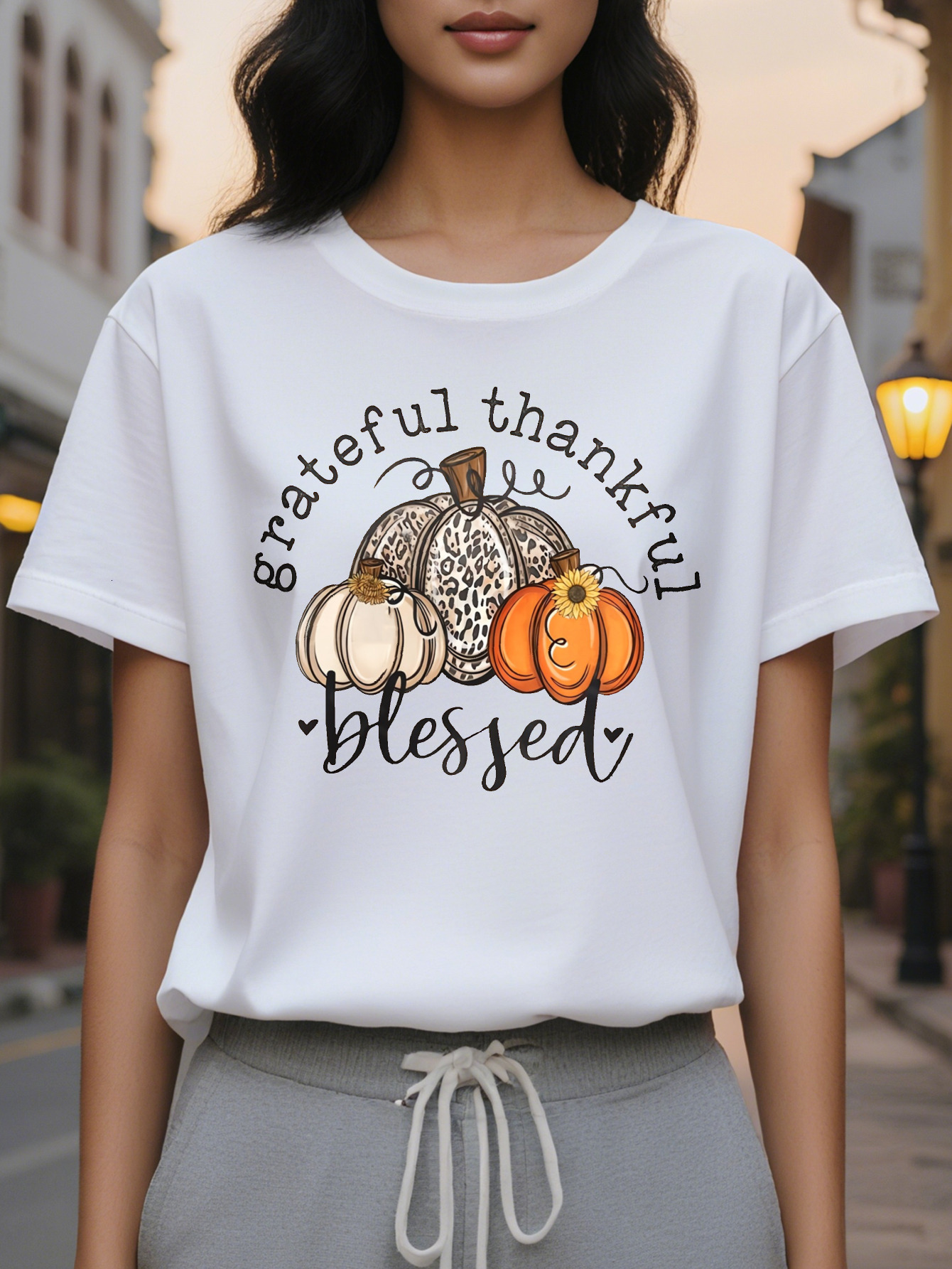 Large XL Women S Autumn Graphic T-Shirt Grateful Blessed Message with Pumpkins Round Neck Tee for Fall Spring Washable Plus Size