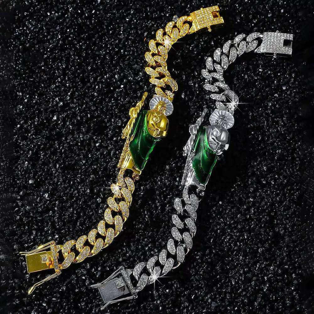Hip Hop Cuban Link Bracelet With Religious Figure Iced Out Bling Gold Ddmyday Color 20Cm Alloy Chain Accessory For Men 1 Piece Ddmyday