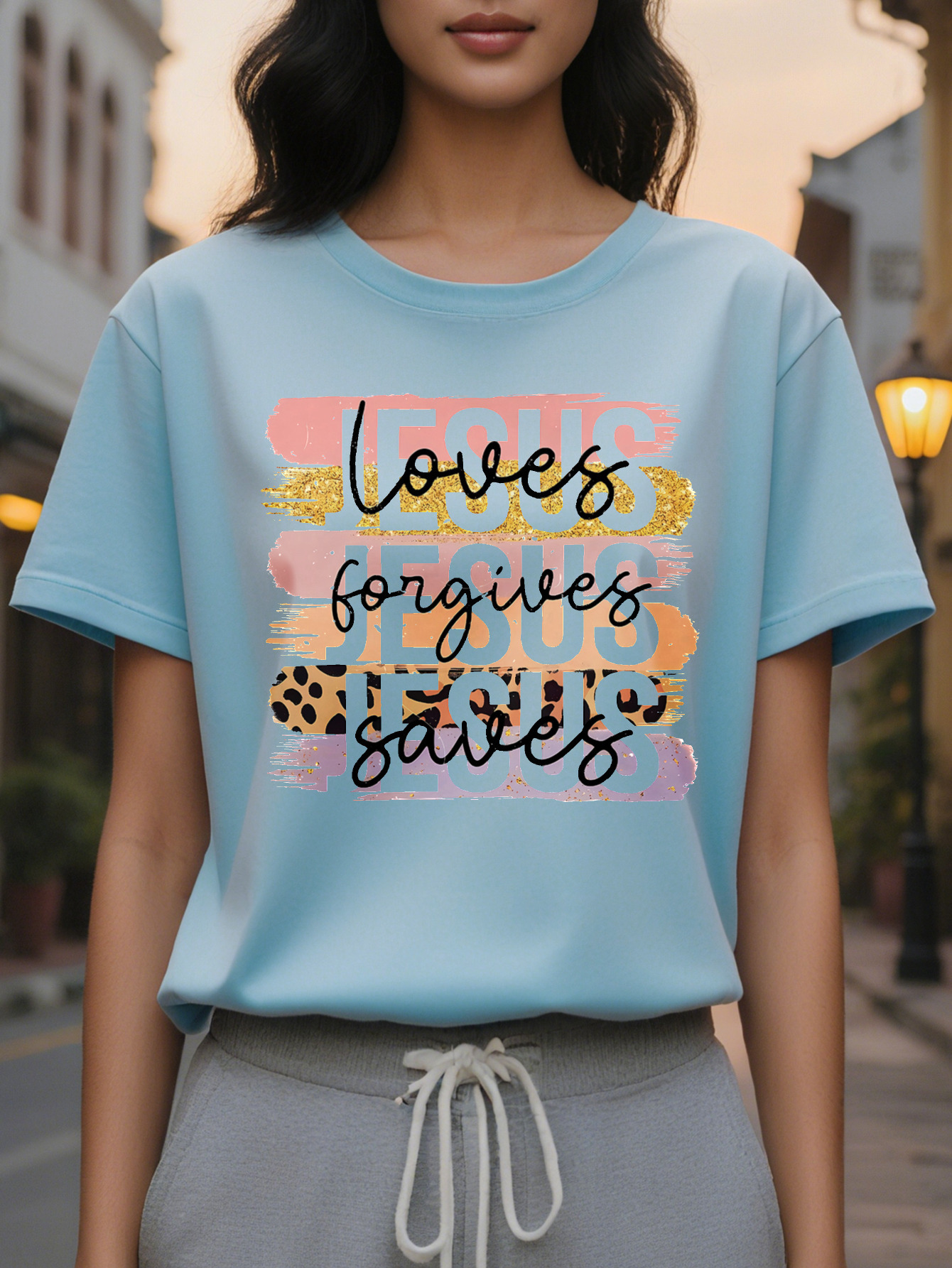 Fall in Love with Jesus Short Sleeve T-Shirt Round Neck Casual Top for Summer and Spring Women's Clothing Beautiful