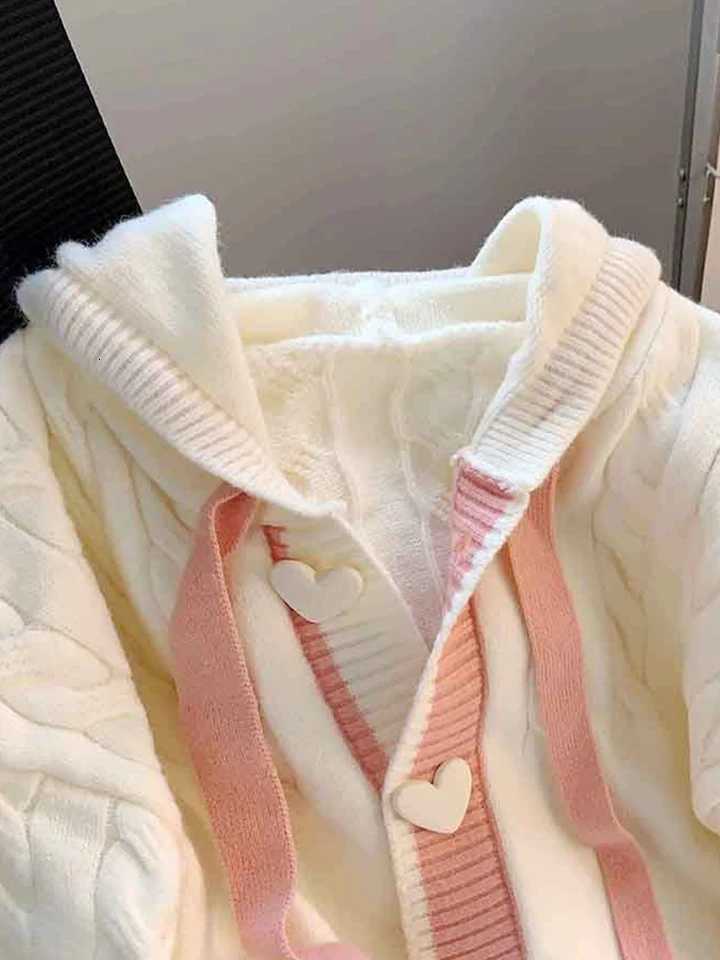 Jmprs Cute Sweet Cardigan Sweaters Women Lazy Wind White Knitted Coats Long Sleeve Loose Female Japan Kawaii Elegant Hooded Tops M250904