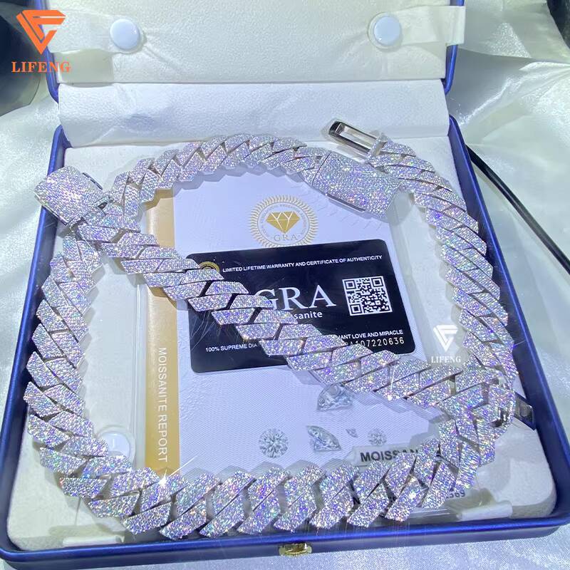 Hip Hop 15mm Moissanite Cuban Chain S925 Sterling Silver Custom Iced Out Moissanite Cuban Link Chain