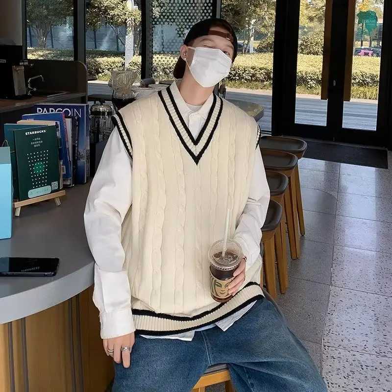 Sweater Vest Men V Neck Sleeveless Knitted Vests Tops Coats Knit Sweaters Splice Casual Loose Top Regular Autumn WinterXJ250904