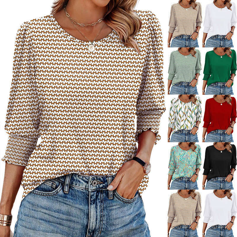 2025 Autumn Loose Casual Printed Three-Quarter Sleeve Round Neck T-Shirt Top for Women