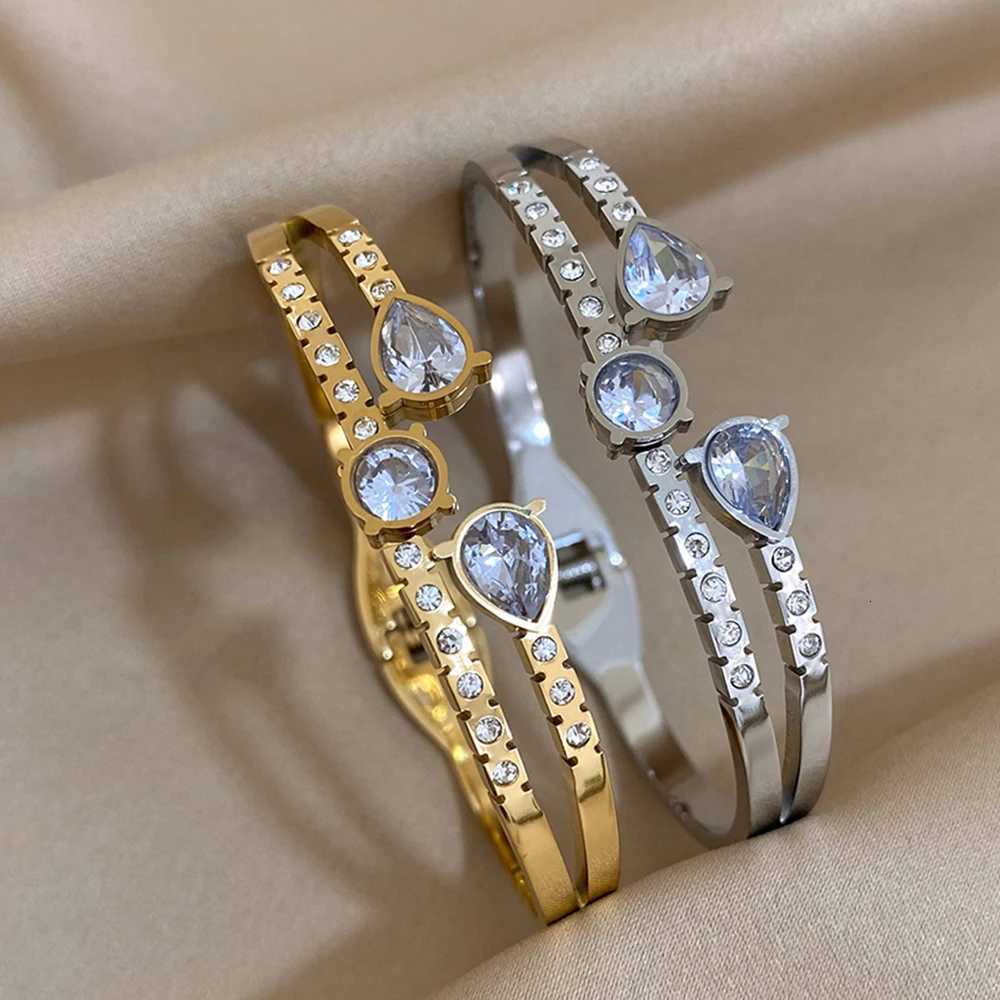 100 Stainless Steel Bracelets Luxury Shiny Gold Color Bangles Bracelets for Women Waterdrop Cubic Zirconia Bracelet Jewelry Y250904