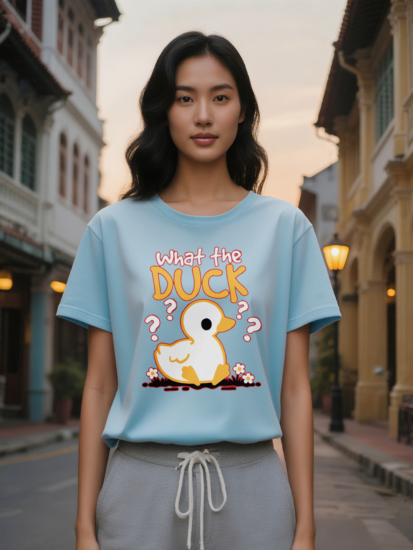 Large XL Women's Casual Graphic T-Shirt with What the Humorous Print Black Round Neck Summer Tee Featuring Yellow Duck Floral Plus Size