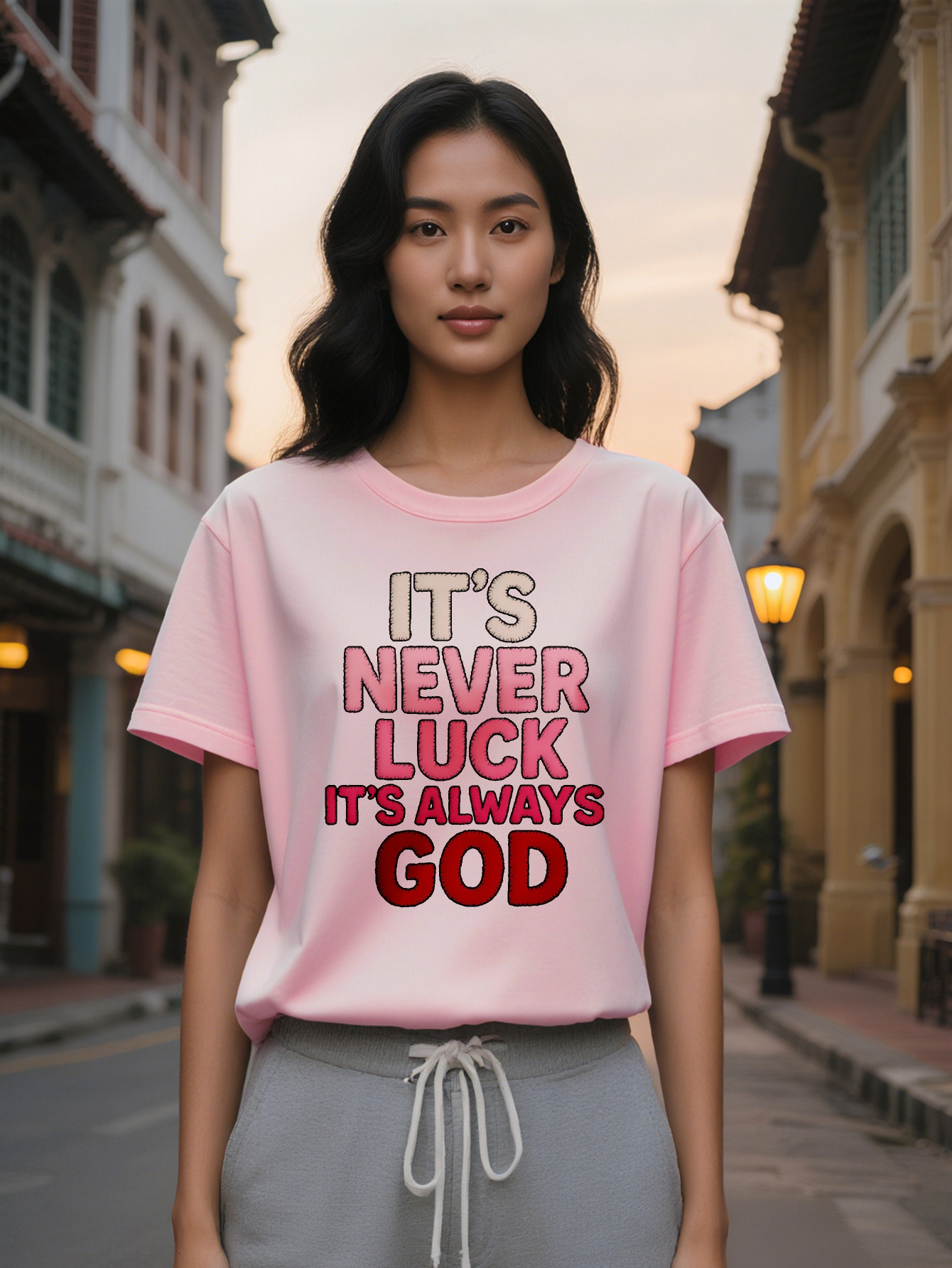 Large XL Lady Graphic T-Shirt with Never Luck It's Always God Print Black Light Pink Lettering Round Neck Summer Tee for Women Plus Size