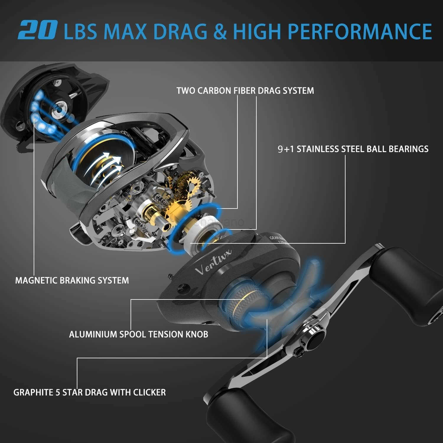Baitcasting Reel New Vertix LP HighTech Innovative Fishing Reel 91 Ball Bearing20 lbs Carbon Fiber DragPowerful Durable Casting Reel with 661 Gear Rat