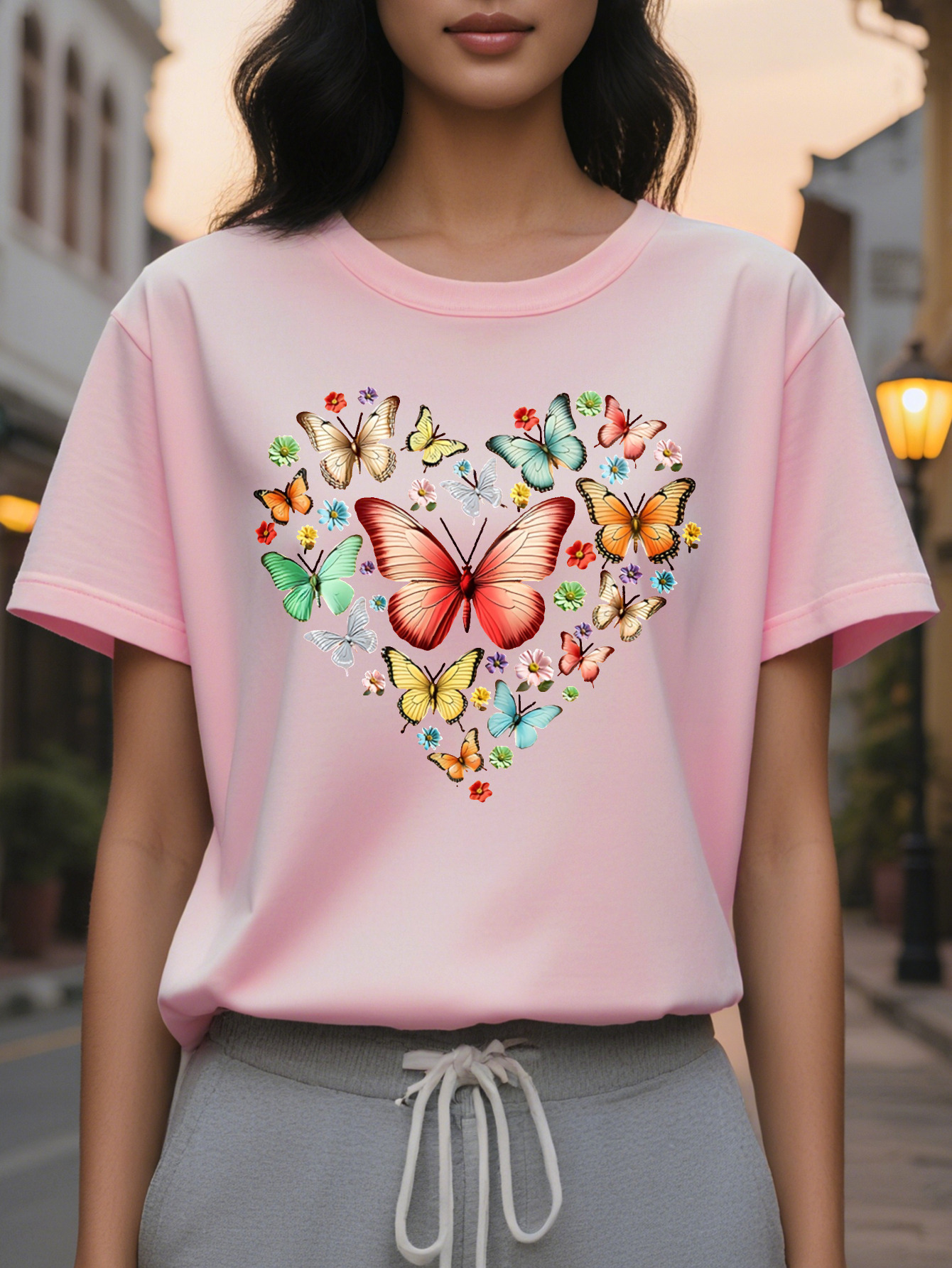 Women s Casual Short Sleeve Crew Neck T-Shirt Floral Heart Butterfly Print Soft Pink Semi Sheer H-Line Top