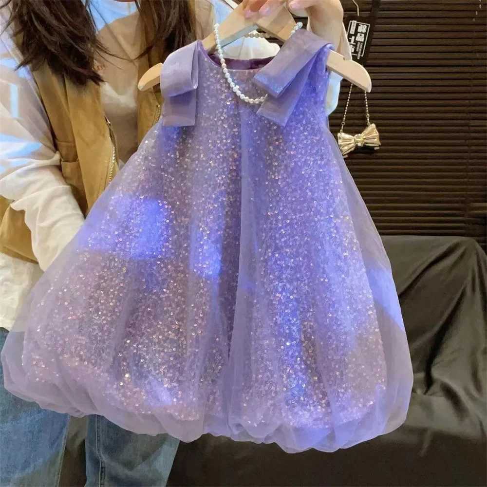 Girls Casual Dresses New Children Clothing Summer New Princess Flower Bud Sequin Mesh Yarn 2024 Sequin Sweet Round Collar Z250904