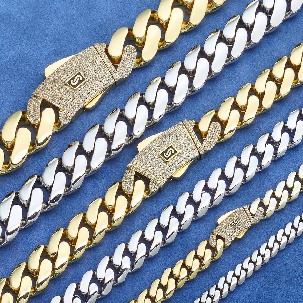 Eskeem 624mm Monaco Cuban Link Chain 14K Gold Plated 925 Silver Iced Out VVS Moissanite Clasp Smooth Necklace Hip Hop Jewelry