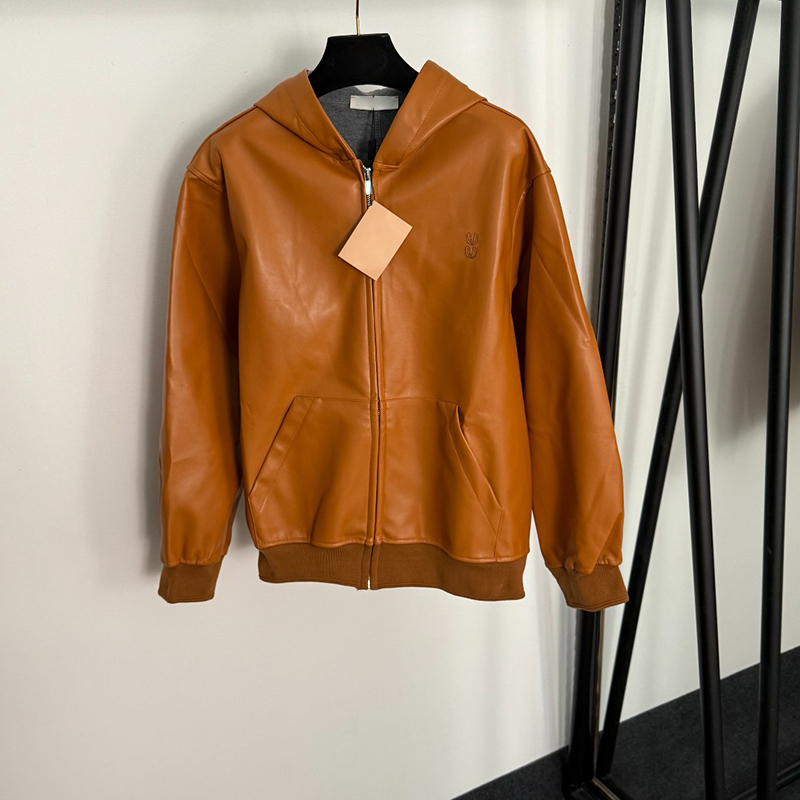 PU Leather Outerwear Hooded Cardiagn Coats Street Style Personality Jackets Classic Letters Embroidery Coat Zipper Outerwear