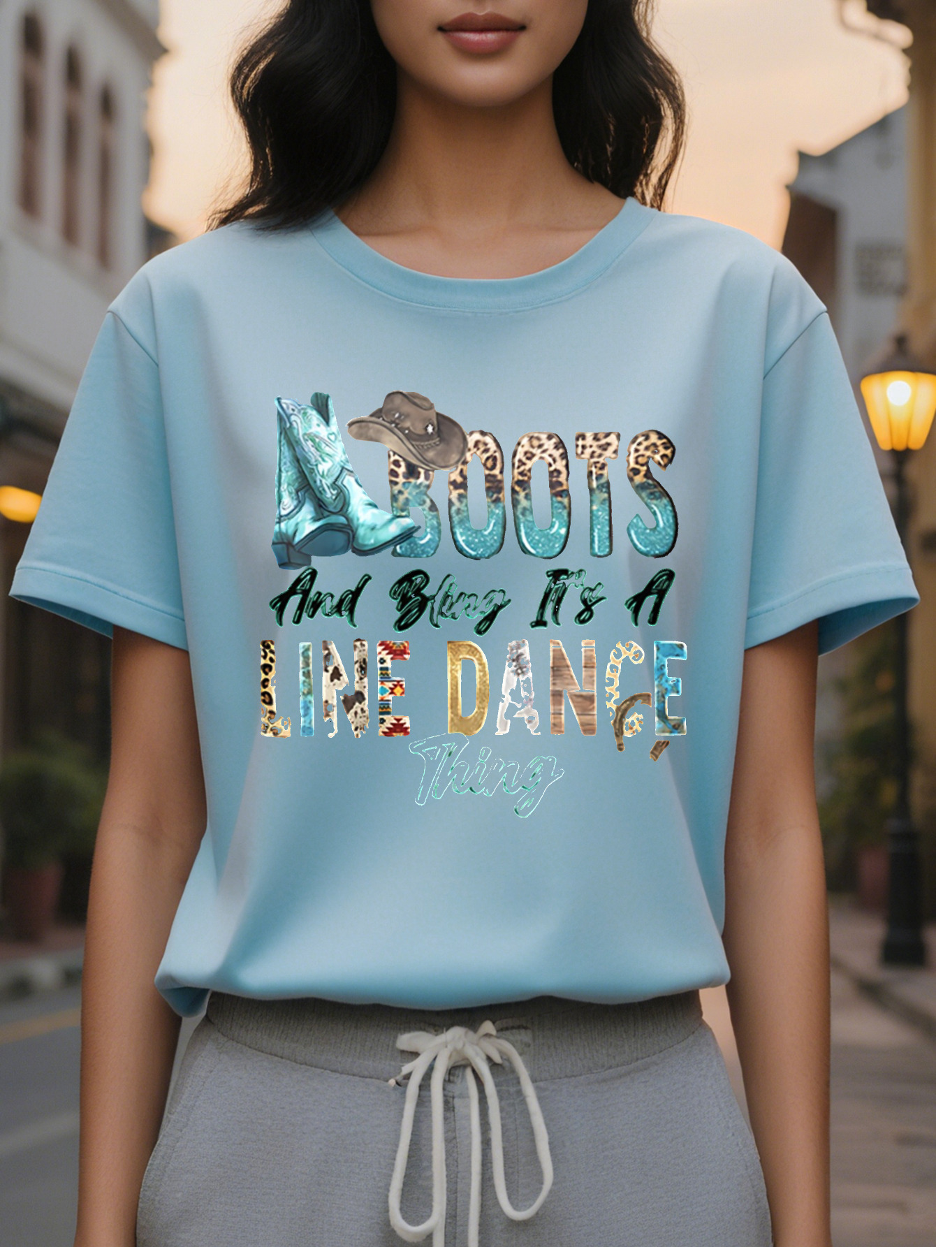 Ladies Printed T Shirt Boots Take Me To Happiness Pattern Black Casual Short Sleeve Round Neck Top Breathable